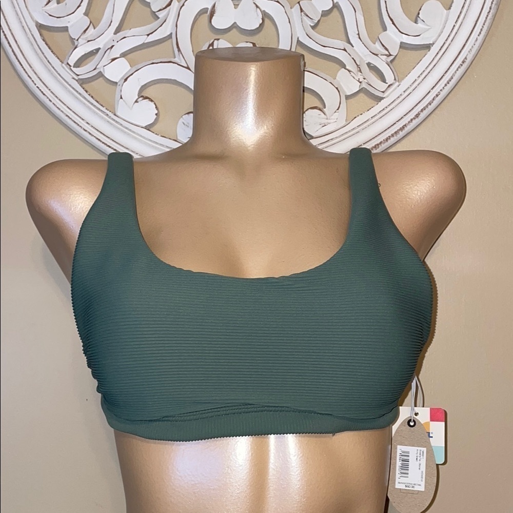 PRana women large 12 14 bikini top swim bathing suit ribbed army green shoreline